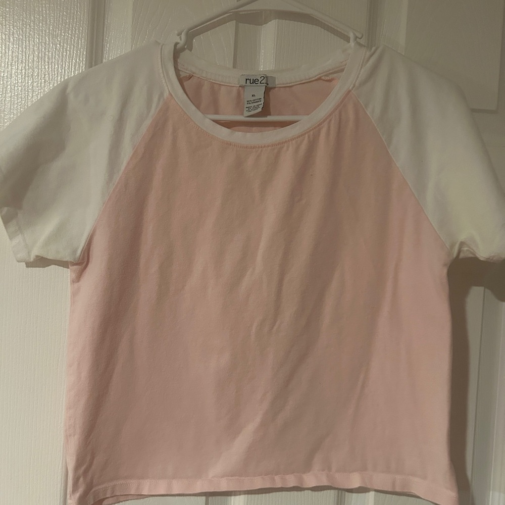 Rue21 Pink and White Raglan Shirt Size XL Crop Top